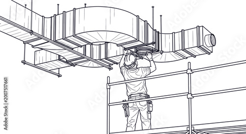 HVAC Technician Installing Air Duct System on Scaffold Line Art Illustration