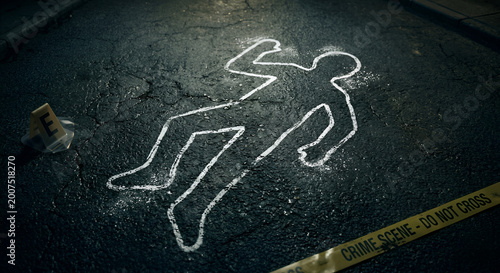 Ultra hyper realistic crime scene chalk outline of a human body lying flat