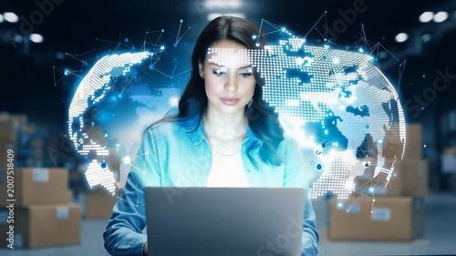 Young woman works on laptop in warehouse with digital map background and stacked boxes