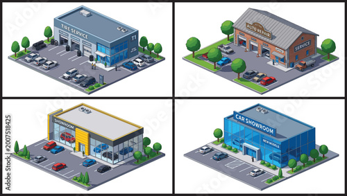 Schilderij op canvas Car service centers and auto repair garages with showroom buildings and parking