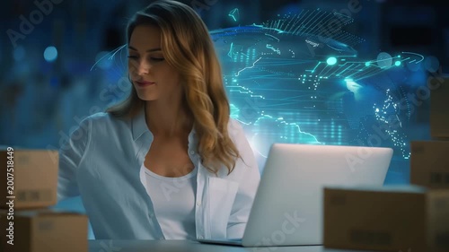 Woman working on laptop in a modern office with boxes around during evening hours