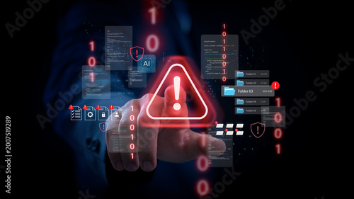 Data cybersecurity warning alert with ai monitoring system showing file risk detection and cyber threat notification for data protection system control and information security technology