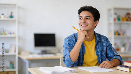 Young man studying with pencil