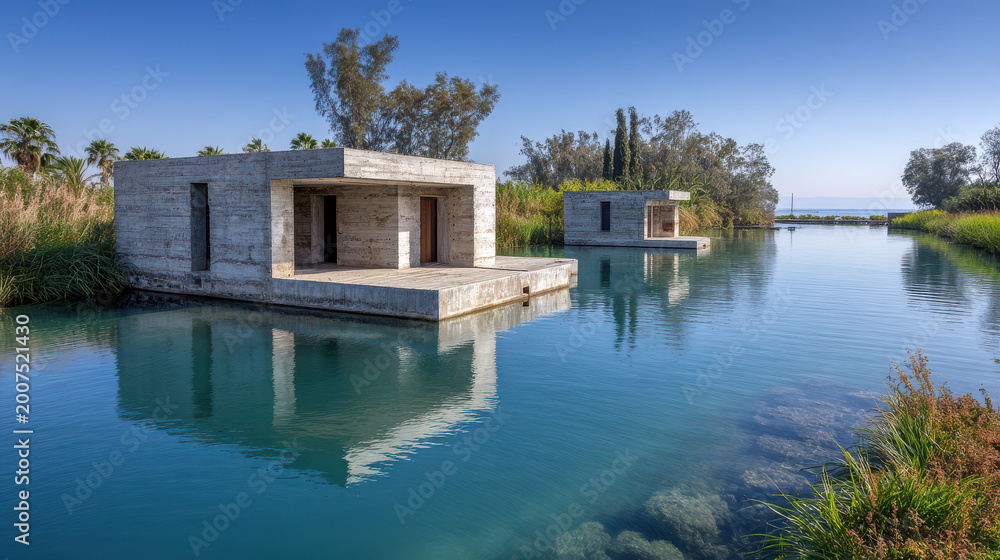 Obraz premium delta estuary in palestine bathed in clear blue light featuring ultraminimalistic architecture