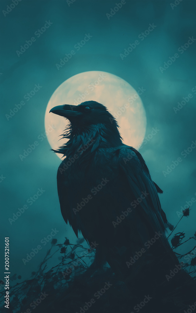Fototapeta premium Dark raven with flowing ink like feathers dissolving into mist before a luminous full moon in deep blue night sky creating dramatic gothic fantasy atmosphere for halloween posters book covers and myst