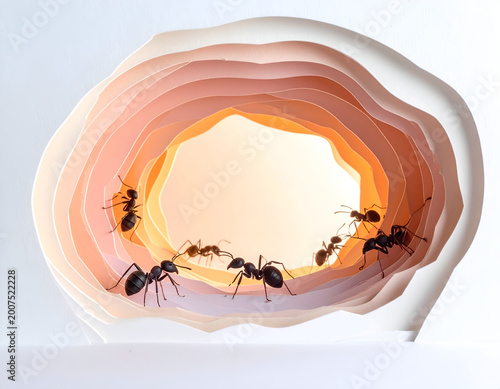 Fascinating 3D paper cut artwork capturing tiny black ants crawling out from a deep warm glowing layered paper tunnel.