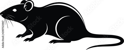 Detailed black silhouette of a rat or mouse in an alert side view profile isolated on white