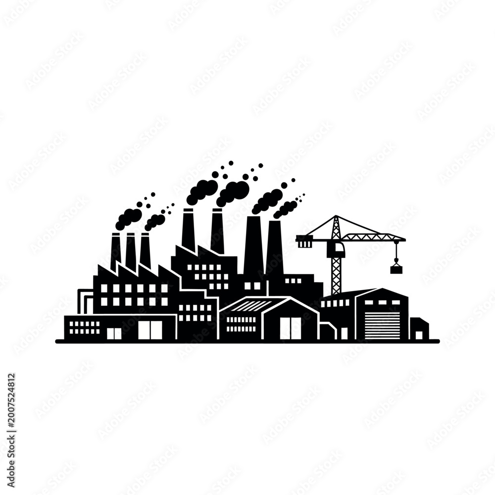 Obraz premium Industrial Factory Building with Smoke and Crane.