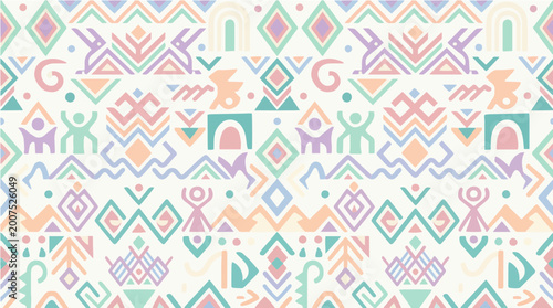 A vibrant and playful pastel ethnic tribal pattern, inspired by traditional Sasak motifs with a modern geometric remix