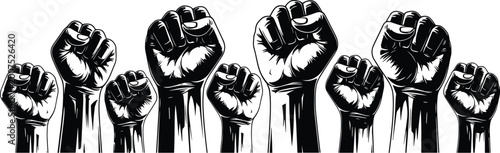 Quadro su tela Powerful Raised Clenched Fists Silhouette Group for Social Justice Protest Activ