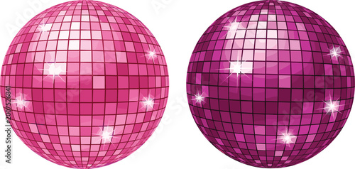 Sparkling Pink and Magenta Disco Ball Vector Illustration Set with Mirror Reflective Surface and Shining Light Flares for Nightclub Party Event and Retro Dance Music Themed Graphic Designs