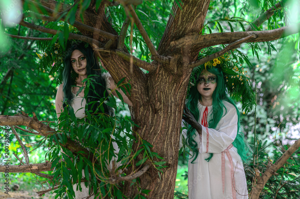 Fototapeta premium Rusalka in white with a wreath on her head and green hair