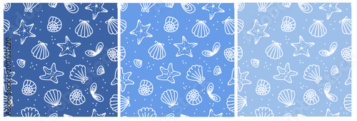 Seamless seashell pattern set with starfish and shells in white line art on blue backgrounds. 
