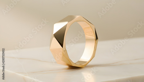 Modern Minimalist Gold: Macro shot of sleek geometric gold ring reflecting soft studio light, elegant luxurious fashion accessory creating calm mood