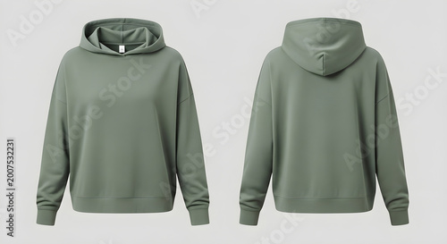 Front and back views of a minimalist sage green oversized hoodie sweatshirt for apparel design