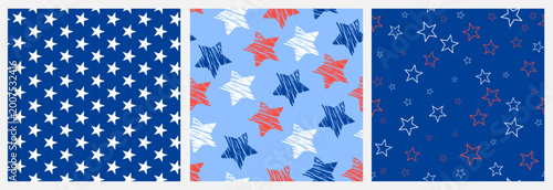Tableau sur toile 4th of July Independence Day Seamless Pattern Set Featuring Three Star Designs in Red, White and Blue on Dark Navy Background