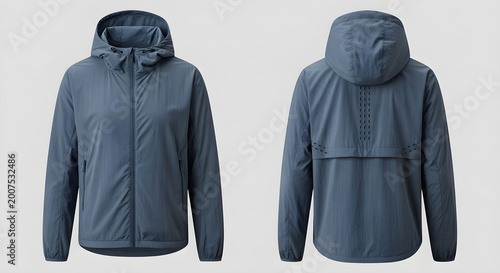 Front and back view of a blue lightweight hooded windbreaker jacket for outdoor sports activities