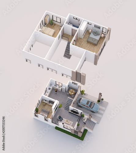 Obraz na plátne 3D isometric view of a two-story house floor plan showing interior layout, furniture placement, rooms, and cross-section architectural design