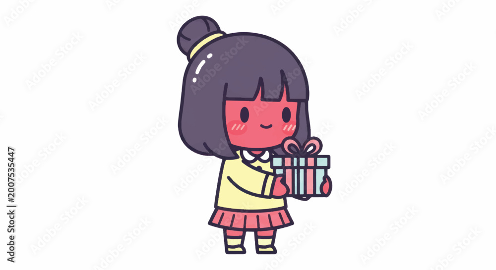 Fototapeta premium Cute Cartoon Girl Holding a Gift Box.