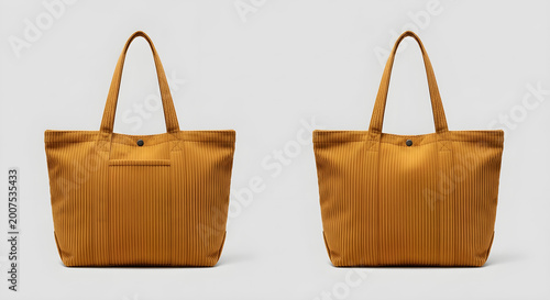 A pair of mustard yellow corduroy tote bags with ribbed texture and snap buttons showing front and back views.