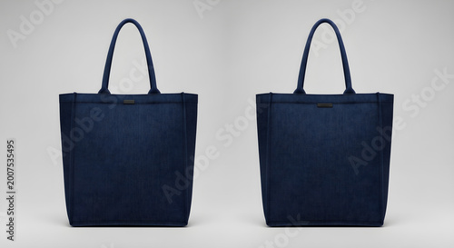 Pair of dark blue textured fabric tote bags with handles for sustainable fashion and grocery shopping