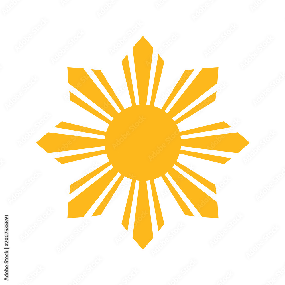 Obraz premium A clean vector illustration of the iconic golden yellow sun with eight rays, as found on the national flag of the Philippines. A minimalist symbol representing the country, isolated on white.