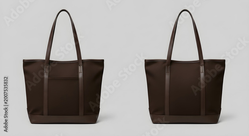 Front and back view of a stylish brown tote bag with long shoulder straps and elegant design.