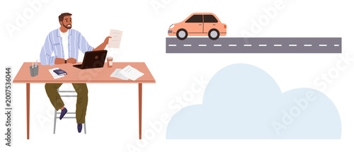Business, productivity, remote work, transportation, mobility, planning. A man at a desk working on documents with a laptop. Business and transportation concept multitasking and workflow