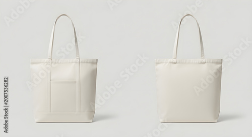 A pair of clean white canvas tote bags featuring a front pocket and plain back for branding mockups.