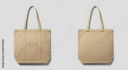 Two views of a beige canvas tote bag with handles and a front pocket for shopping and everyday use.