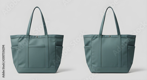 Two modern teal tote bags with side pockets and sturdy handles are displayed for product showcase.
