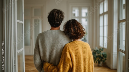 Young couple in sweaters embracing in their new home