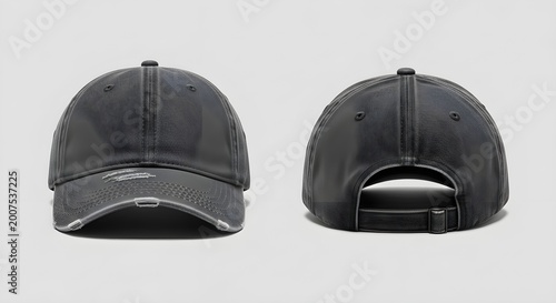 Distressed black baseball cap shown from front and back views with a vintage washed texture for branding.