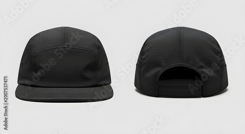 Front and back view of a black technical five panel ripstop nylon camper cap for streetwear fashion.