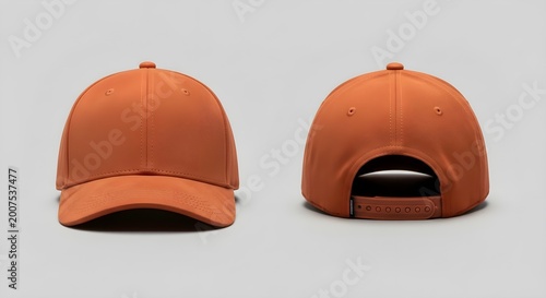 Front and back view of a blank orange baseball cap template for custom apparel branding and design.