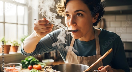 Woman Tasting Hot Food While Cooking in Kitchen.