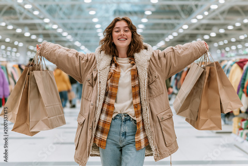 Happy young woman holding shopping bags in retail store