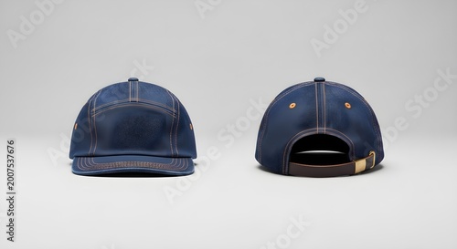 Stylish blue denim baseball cap mockup shown from front and back views with detailed orange stitching