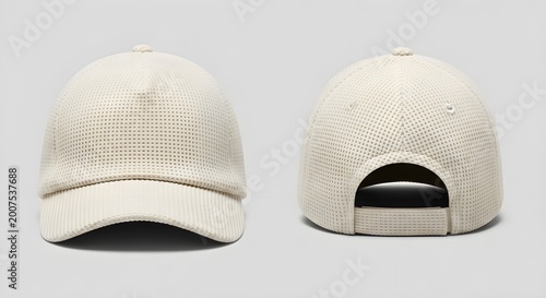 A minimalist beige baseball cap shown from the front and back for fashion branding and apparel design.
