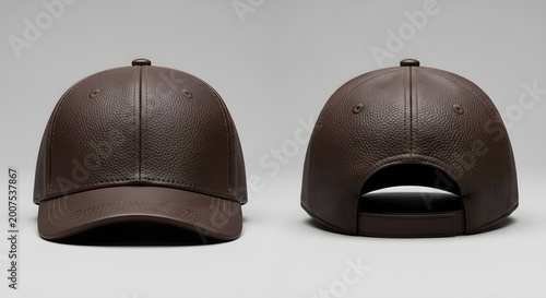 Front and back view of a premium brown leather baseball cap with textured finish for fashion mockup design.