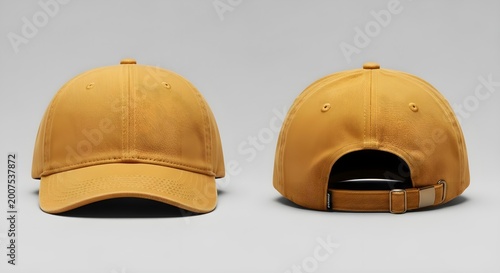 Front and back view of a mustard yellow cotton baseball cap mockup for branding and apparel design.