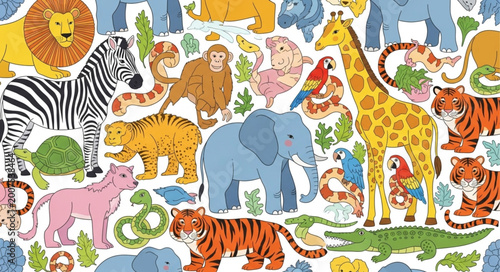 Photography Colorful Collection of Various Cartoon Animals Seamless Pattern.