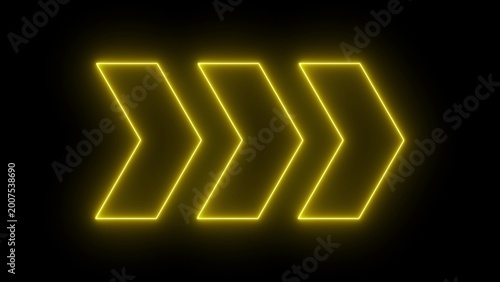 Neon light arrows pointing to the right. 3D rendering of glowing neon arrows on a black background.