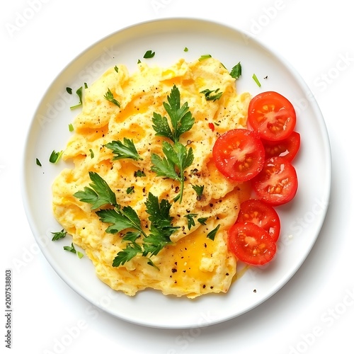 Scrambled eggs with fresh parsley and sliced cherry tomatoes isolated on white background