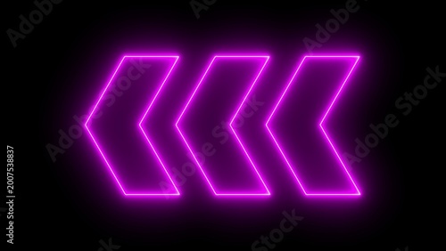 Neon light arrows pointing to the left. Gowing neon arrows on a black background. Flashing direction indicators. 