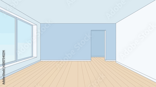 Modern Empty Interior Room with Large Window and Light Wood Flooring Vector Illustration for Home Design or Real Estate Background