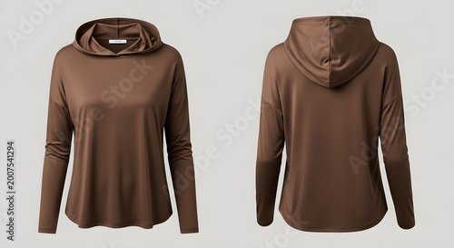A brown long sleeve lightweight athletic hoodie for women shown from both front and back views