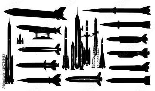 Принти на полотні A comprehensive collection of silhouetted military aircraft and rockets depictin