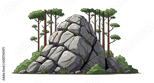 Schilderij op canvas Large boulder formation with pine trees and green foliage.