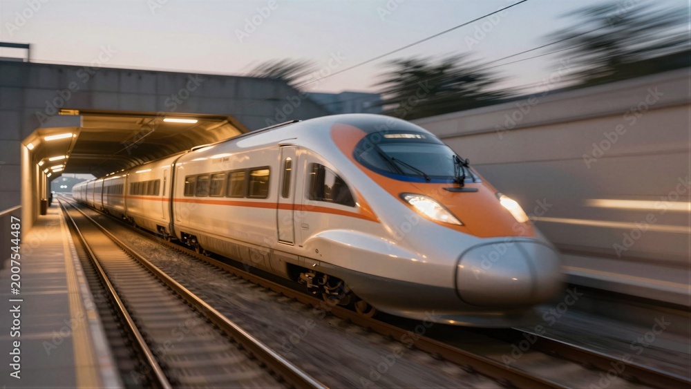Fototapeta premium A modern high-speed train exits a tunnel at dusk, its sleek design highlighted by motion blur and soft focus.